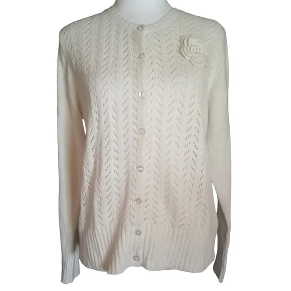 St. Johns Bay Cream Open Pointelle Knit Button Front Cardigan Angora Blend Large - Picture 1 of 7